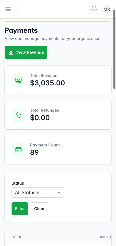 Payments screen