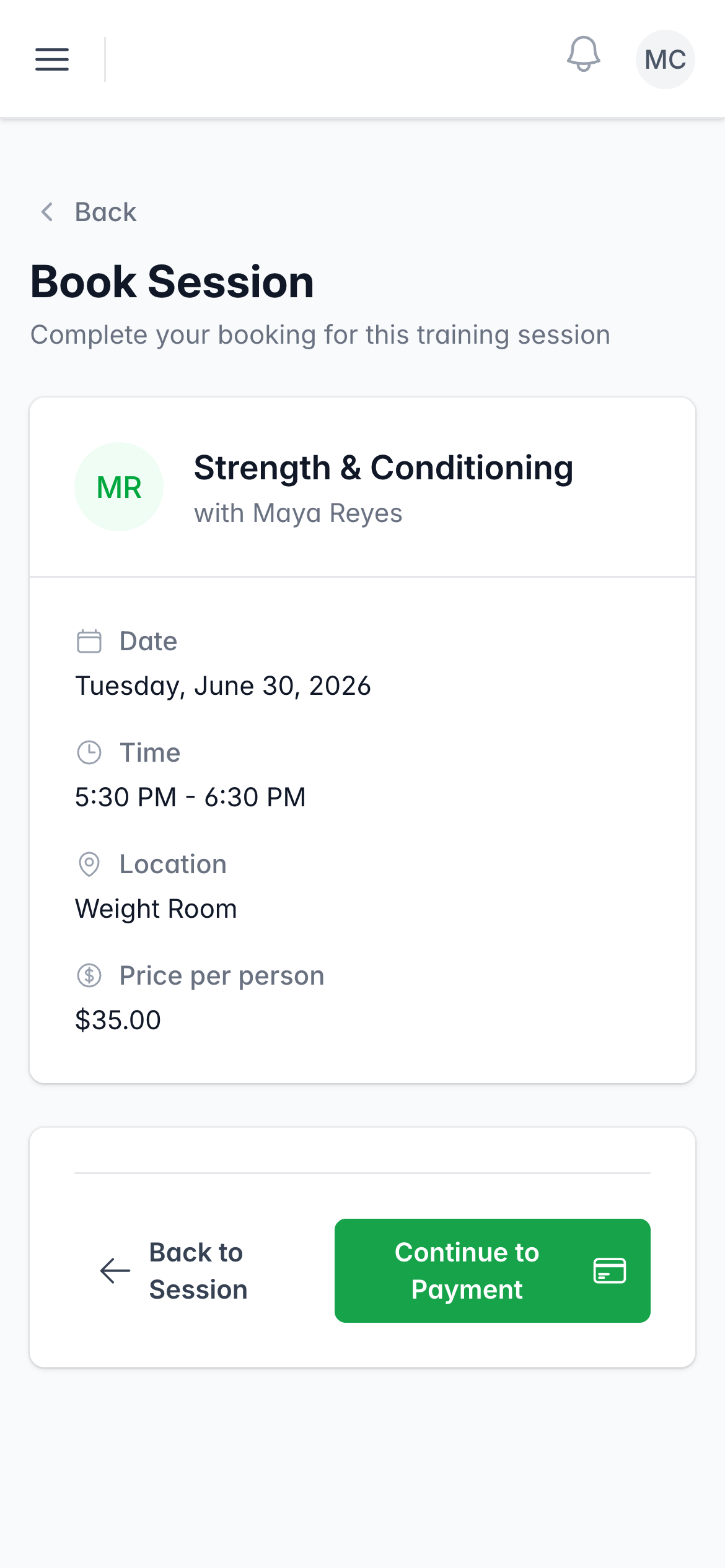 Booking a single session, with the details and price