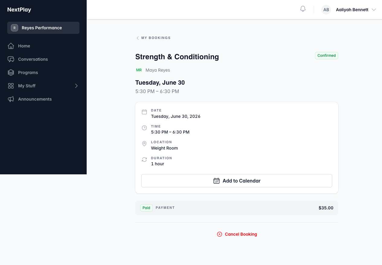 A booking with the Cancel Booking button