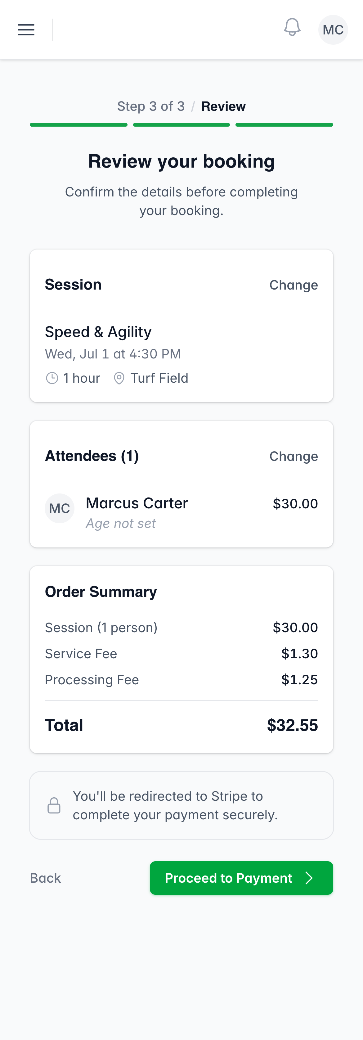 The review screen with the price breakdown before payment