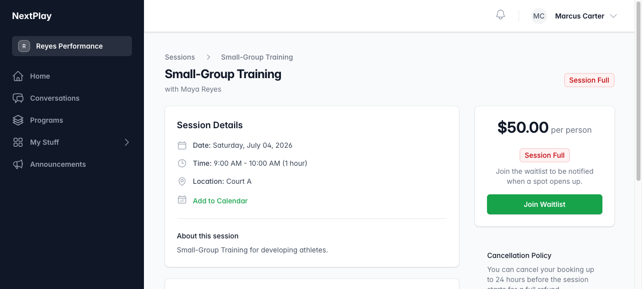 A full session with the Join Waitlist button