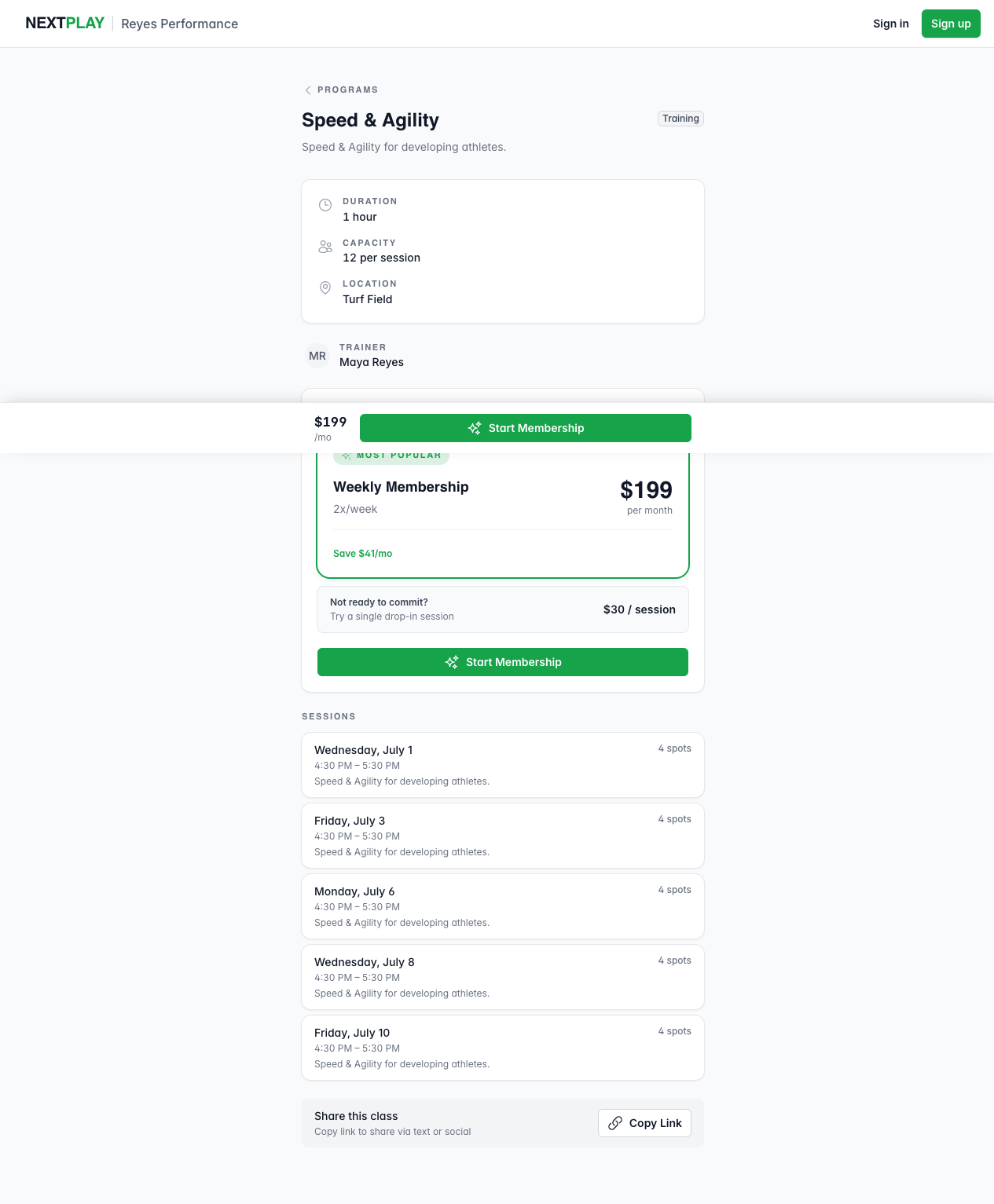 A program page showing a membership option and a single drop-in