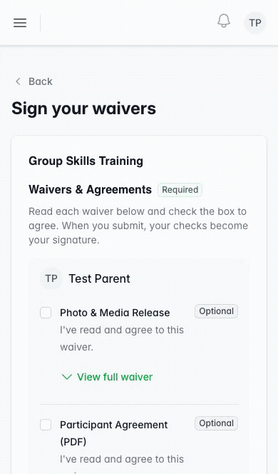 Signing a waiver on your phone: check each box to agree, then tap Sign and submit