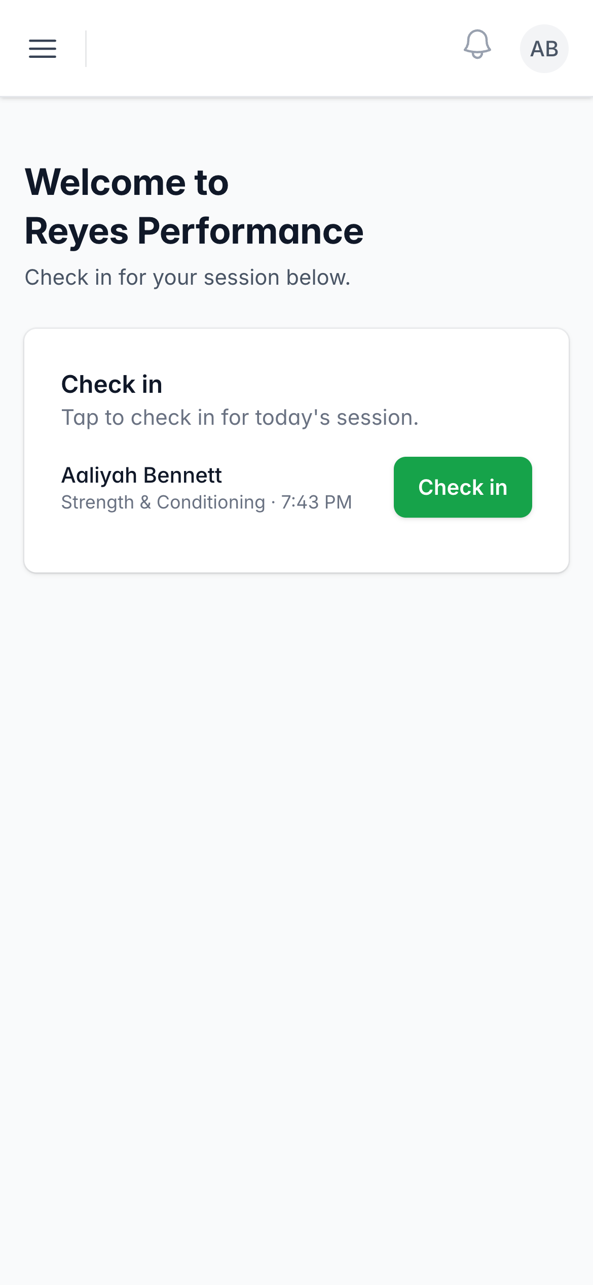 The check-in screen with a Check in button