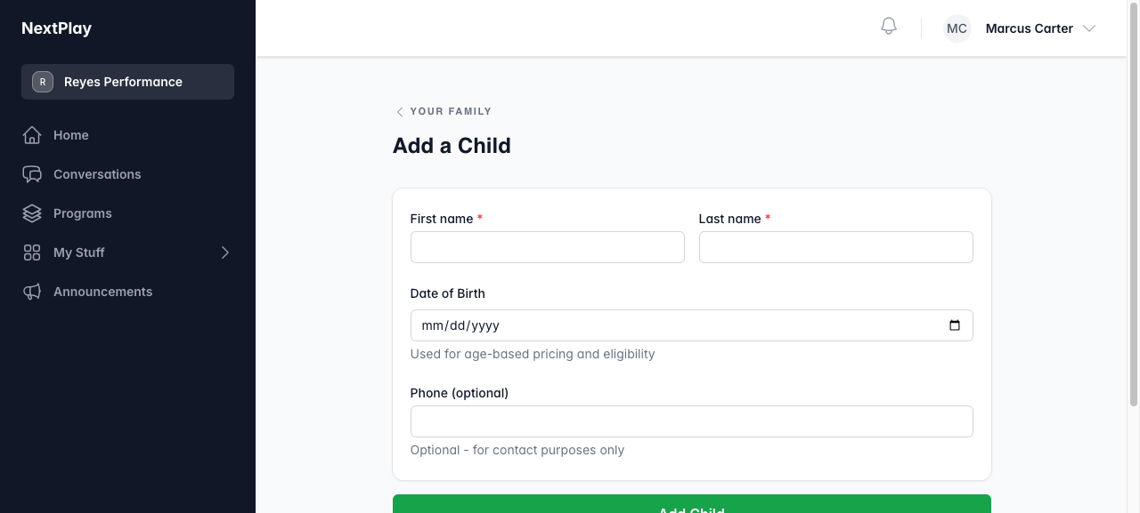 The Add a Child form