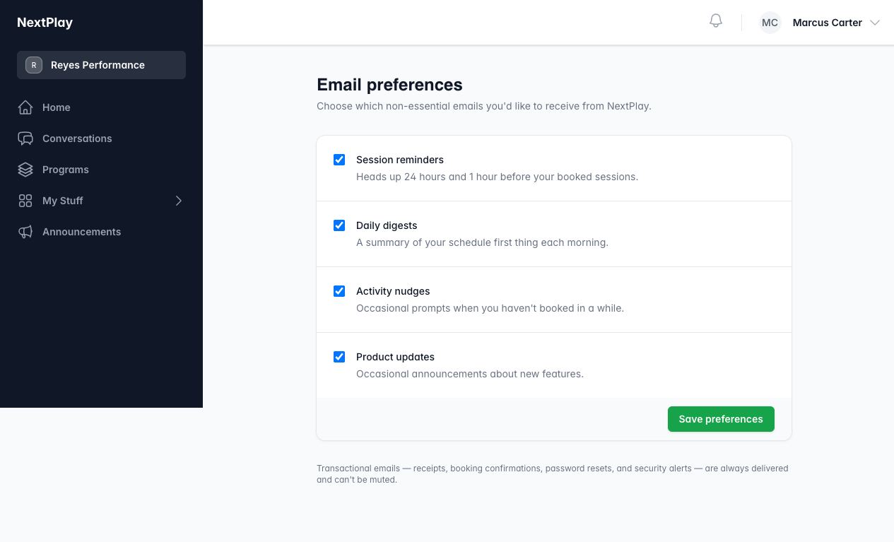 Email preferences with toggles for reminders, digests, nudges, and product updates