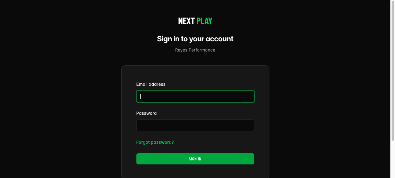 The Next Play sign-in page with email, password, and a Forgot password link
