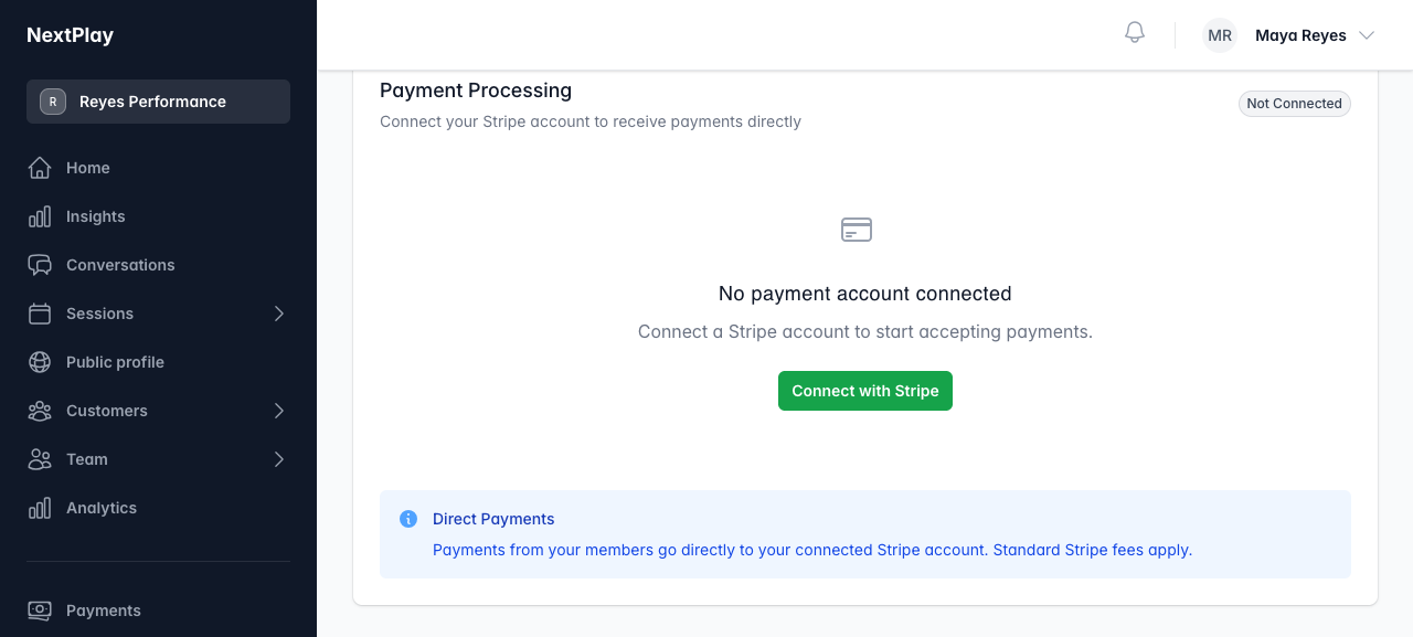 The Payments tab showing the Connect with Stripe button