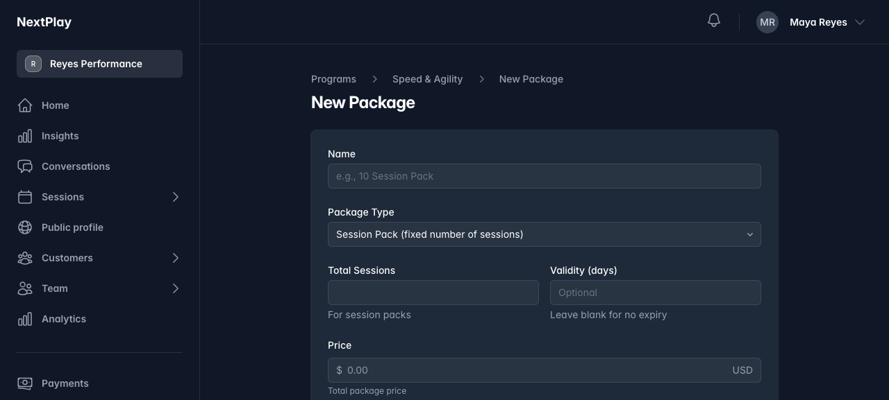 Creating a package: Package Type, Total Sessions, and Price