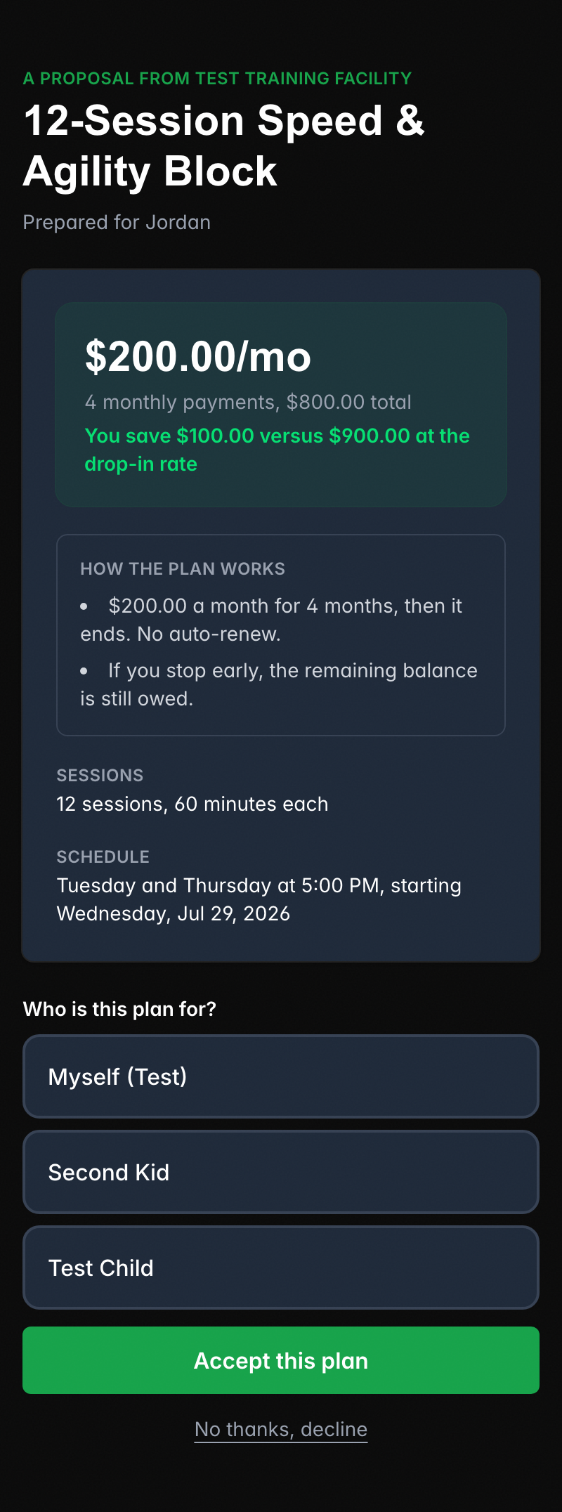The monthly proposal offer on a phone: $200 a month for 4 months, a How the plan works note, the schedule, the Who is this plan for choices, and an Accept this plan button