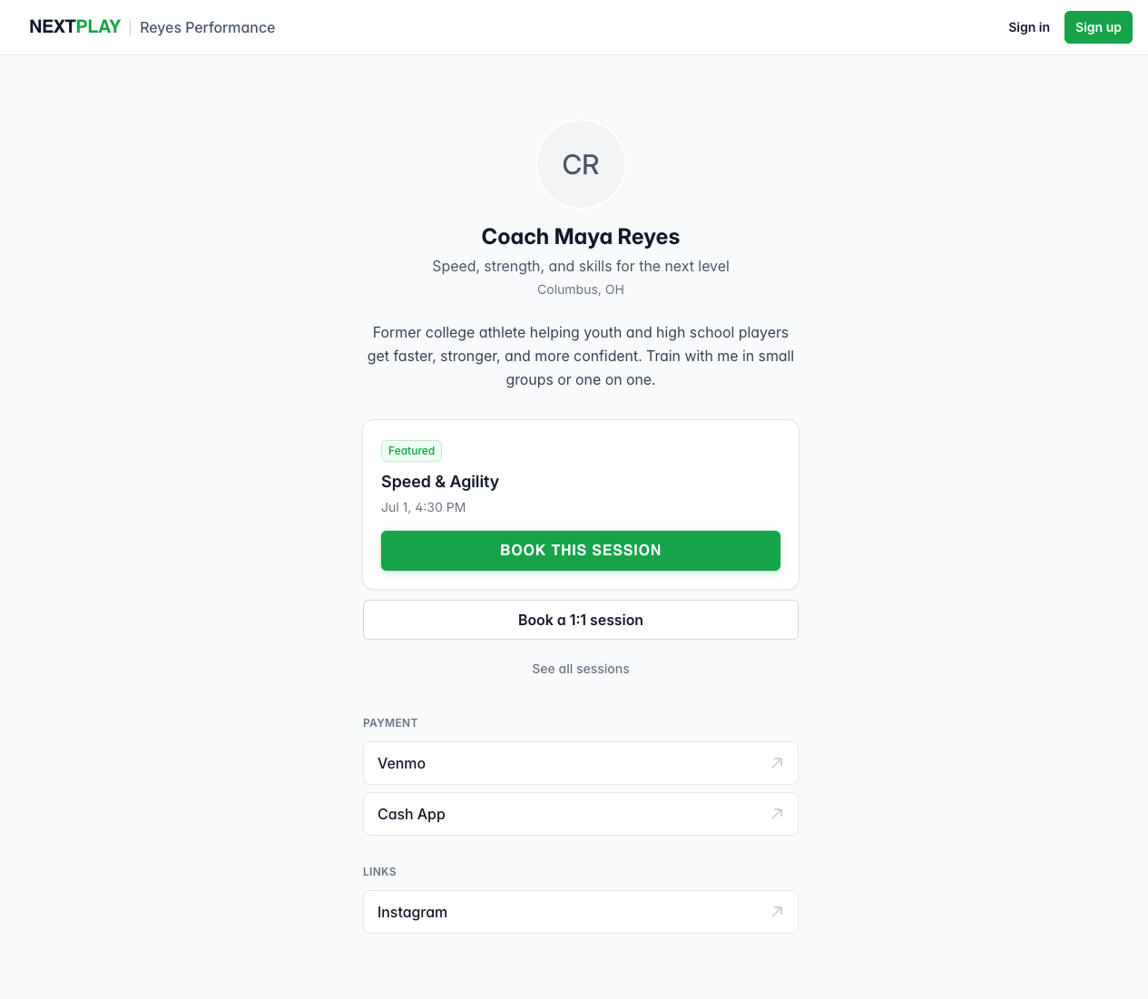 A public booking page the way a family sees it