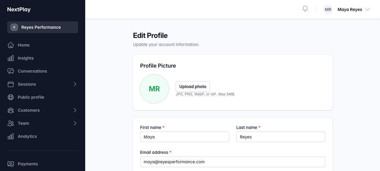 The Edit Profile page with the profile picture uploader