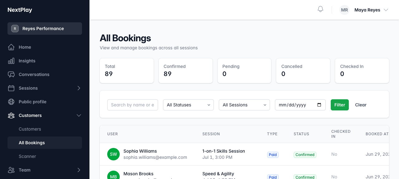 The All Bookings view with status counts and filters