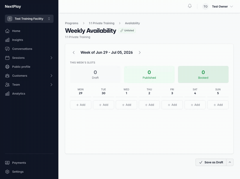 Adding an availability slot: tap Add, pick a time, and it appears on the day