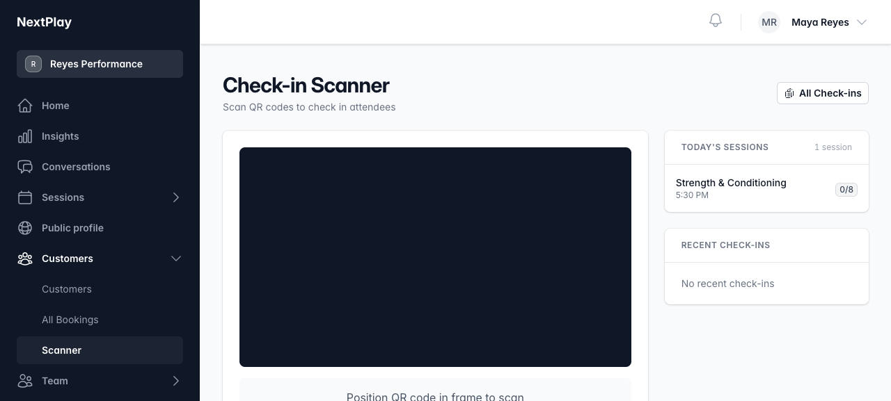 The check-in scanner with today’s sessions and recent check-ins