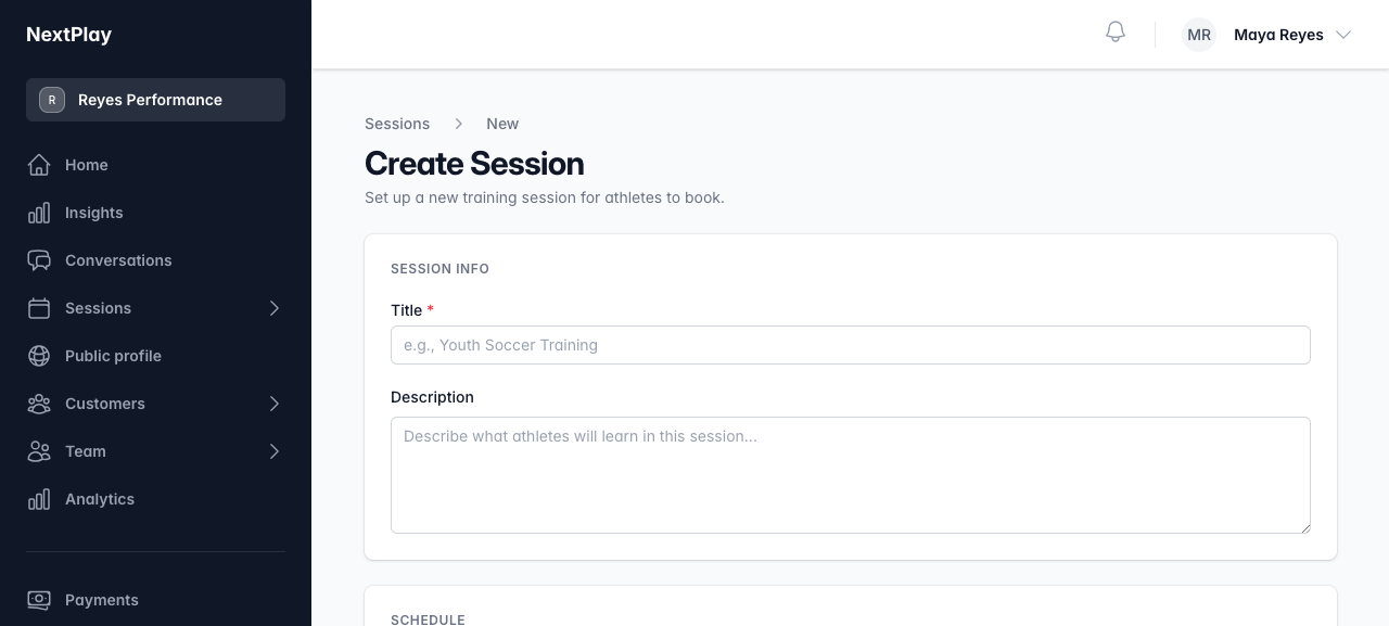 The Create Session form