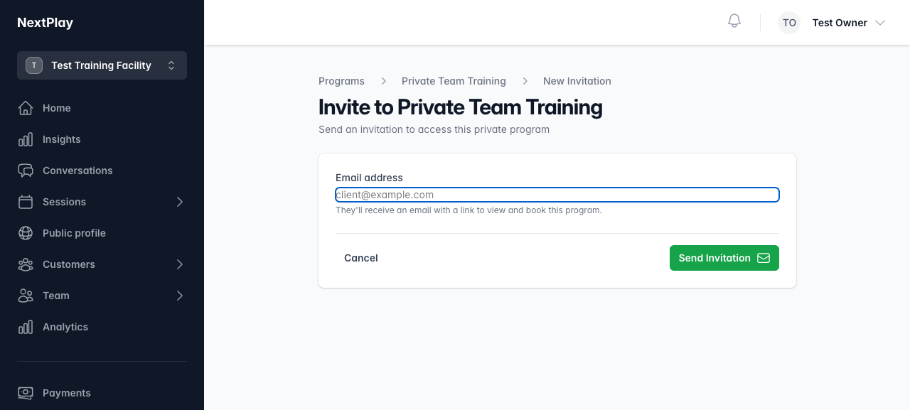 Inviting someone to a private program by email