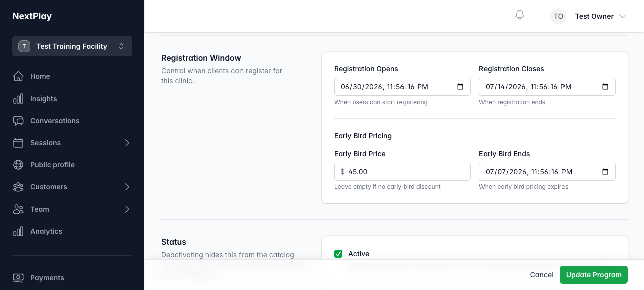 The Registration Window section with early-bird pricing and registration dates