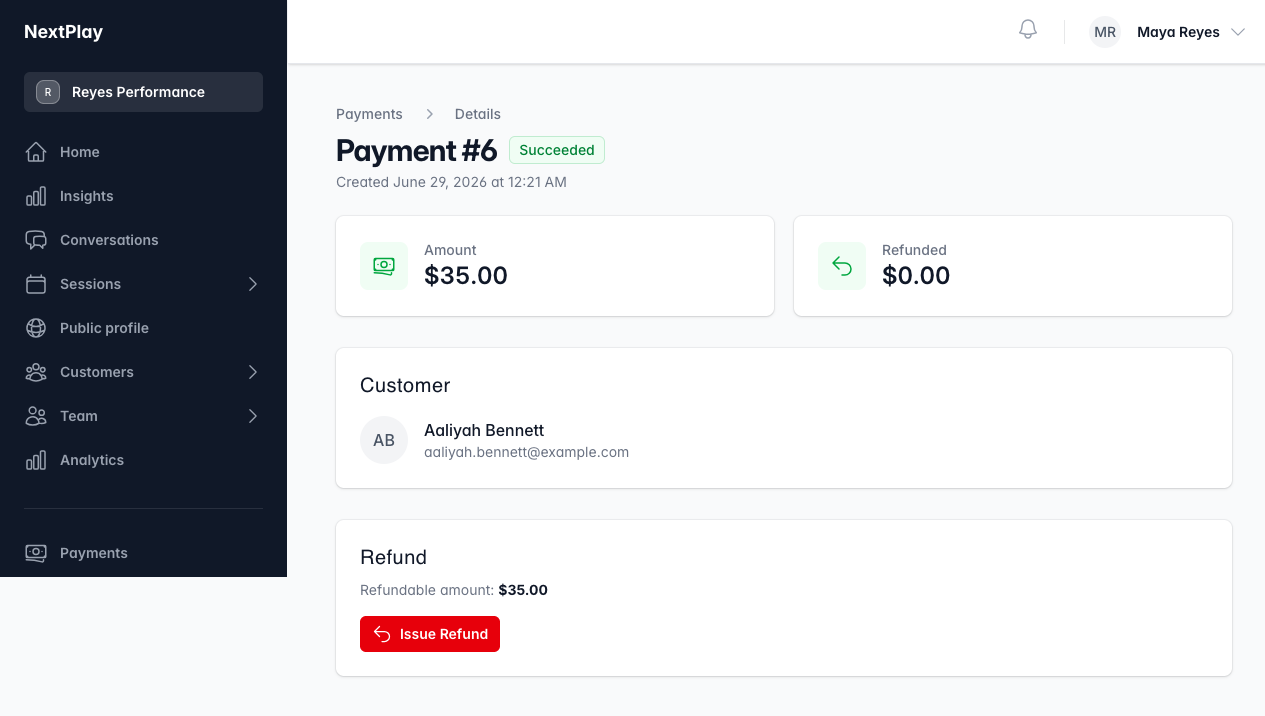 A payment with the Issue Refund button