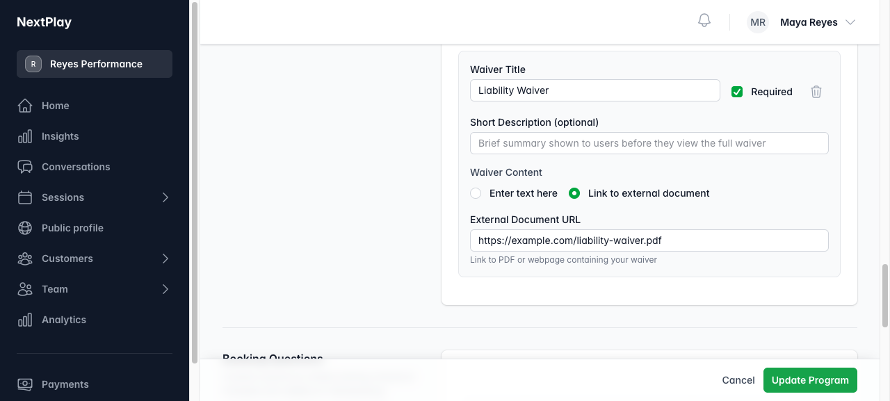 Adding a waiver to a program with a title, document link, and Required toggle