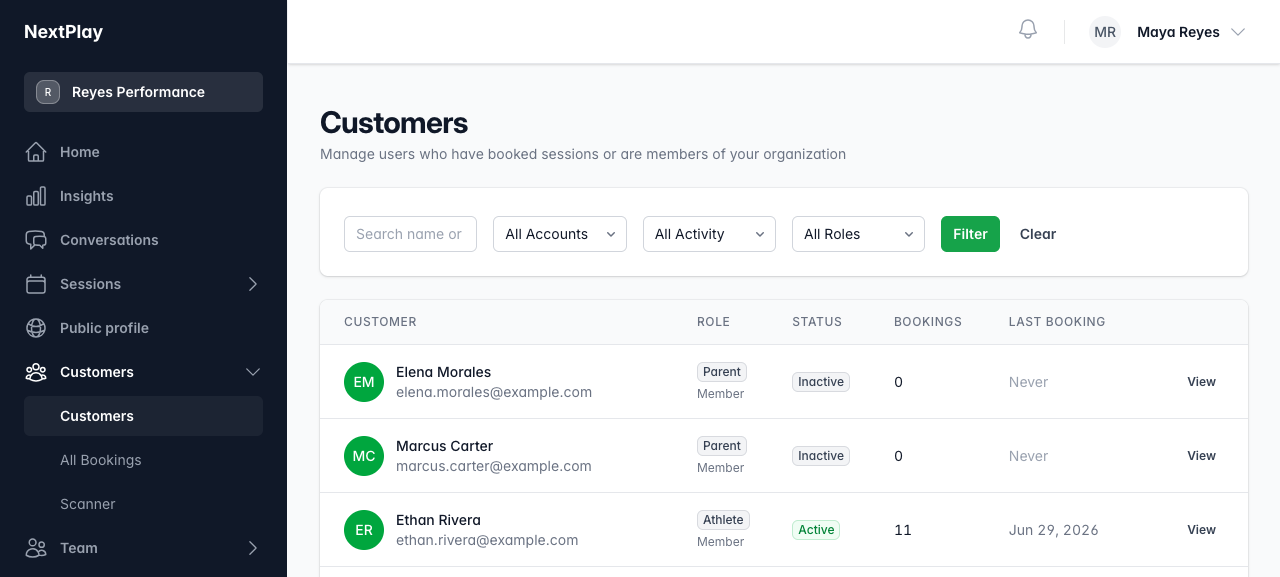 The Customers list with filters and per-customer status