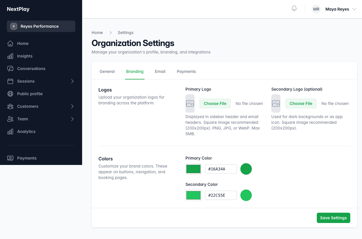 The Branding settings with logo upload and color pickers