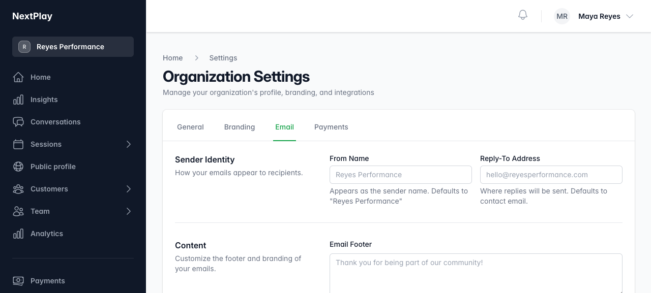The Email settings tab: sender identity and footer