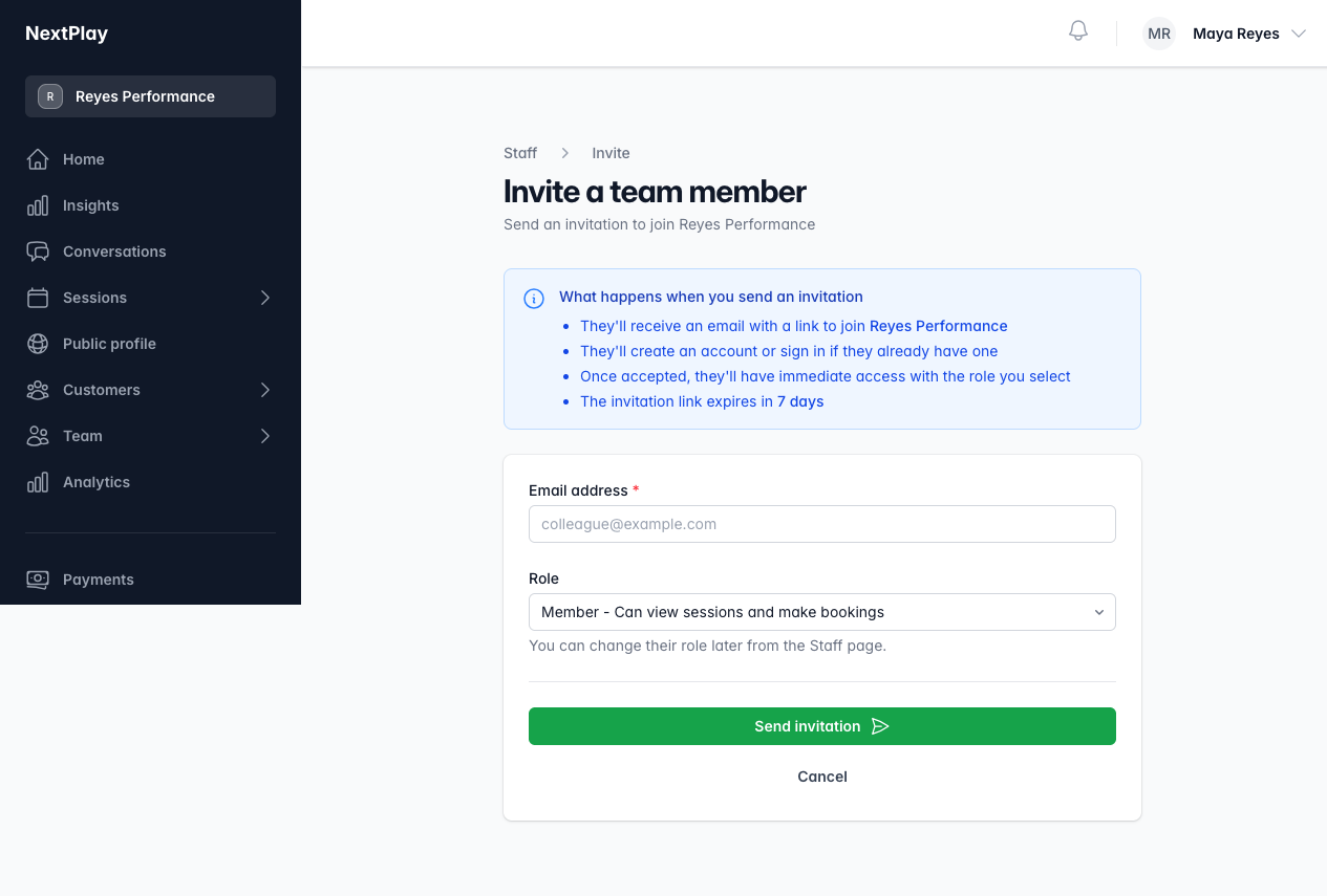 The invite a team member form with an email field and a role selector
